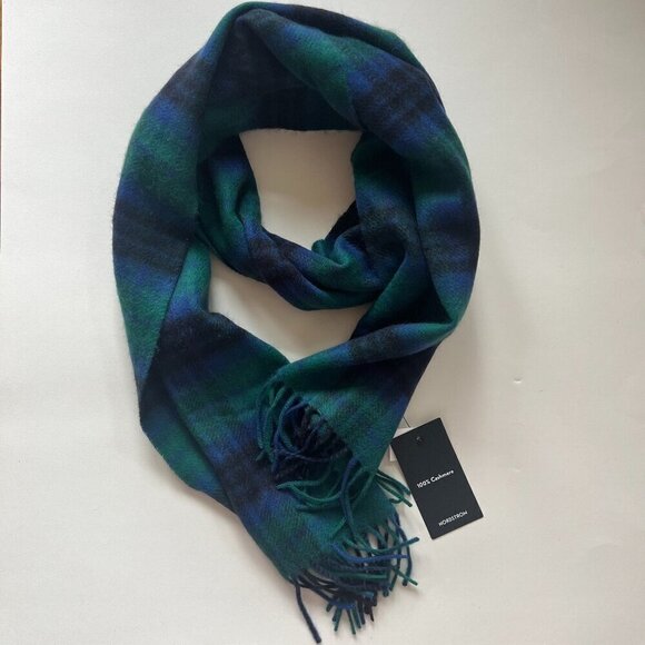 Nordstrom Cashmere Fringe Scarf Navy Green Plaid - Picture 3 of 3